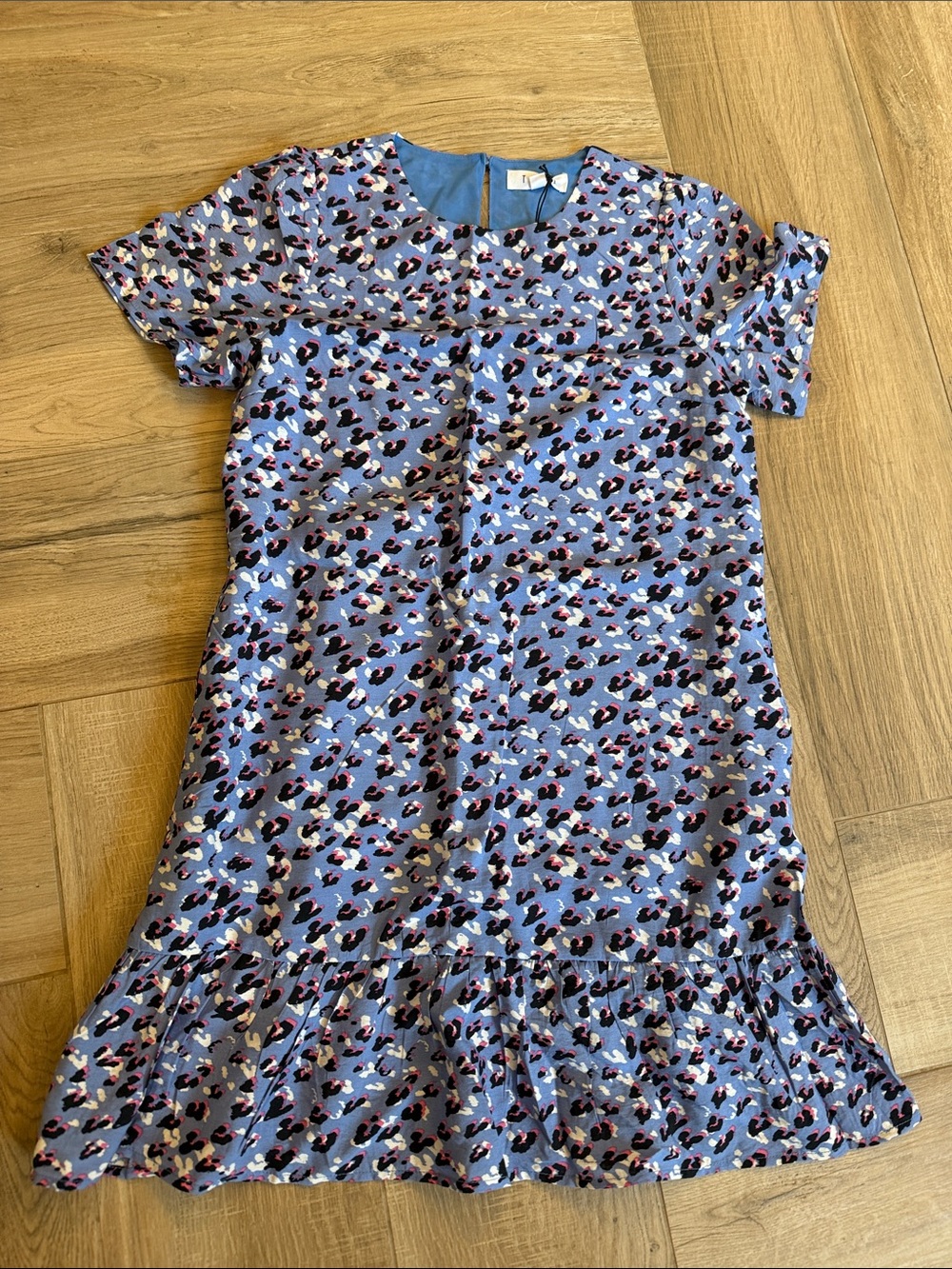 THML Blue Animal-Print Ruffle-Hem Dress with Pink & Black Accents